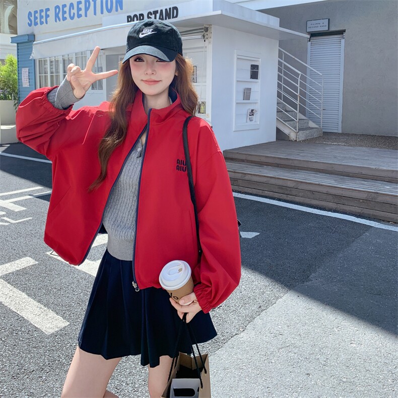 韩版宽松撞色立领休闲外套女2025春秋季新款设计感两面穿夹克上衣,女装短外套,2C218