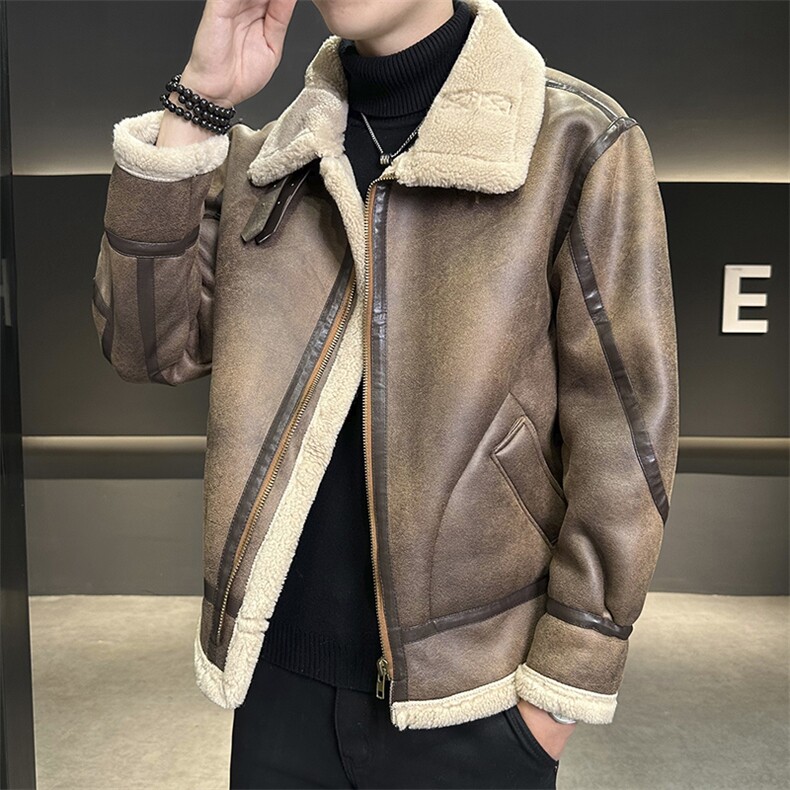 模特图冬季保暖外套皮毛一体加厚羊羔毛领翻领夹克8913-p245，男装夹克，星座815-1（原A203A）