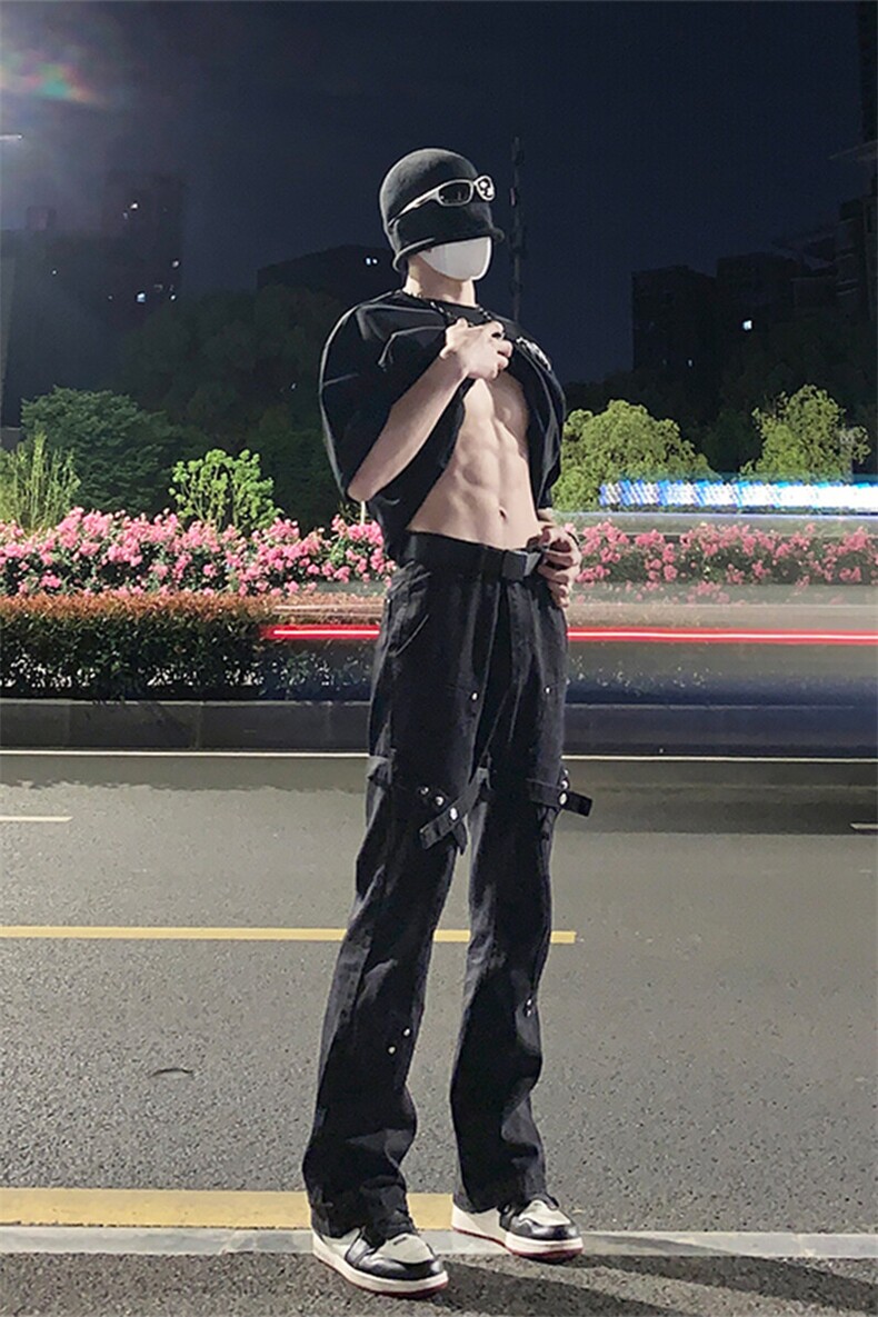 已授权美式hiphop裤子高街vibe交叉绑带牛仔裤修身直筒微喇叭裤,男装牛仔裤,星座310A-4