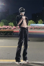 已授权美式hiphop裤子高街vibe交叉绑带牛仔裤修身直筒微喇叭裤，男装牛仔裤，星座310A-4
