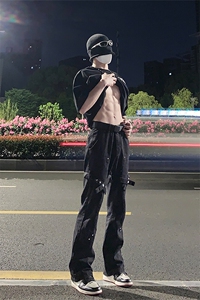 已授权 美式hiphop裤子高街vibe交叉绑带牛仔裤修身直筒微喇叭裤图片