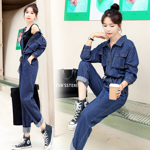 2021秋季时尚简约大方气质优雅收腰显瘦休闲修身百搭潮流连体裤，女装牛仔裤，秋水欣儿