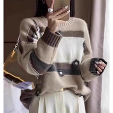 2024秋季新款圆领手工勾花纹针织衫女慵懒风宽松长袖，女装羊毛衫，千御纺羊绒