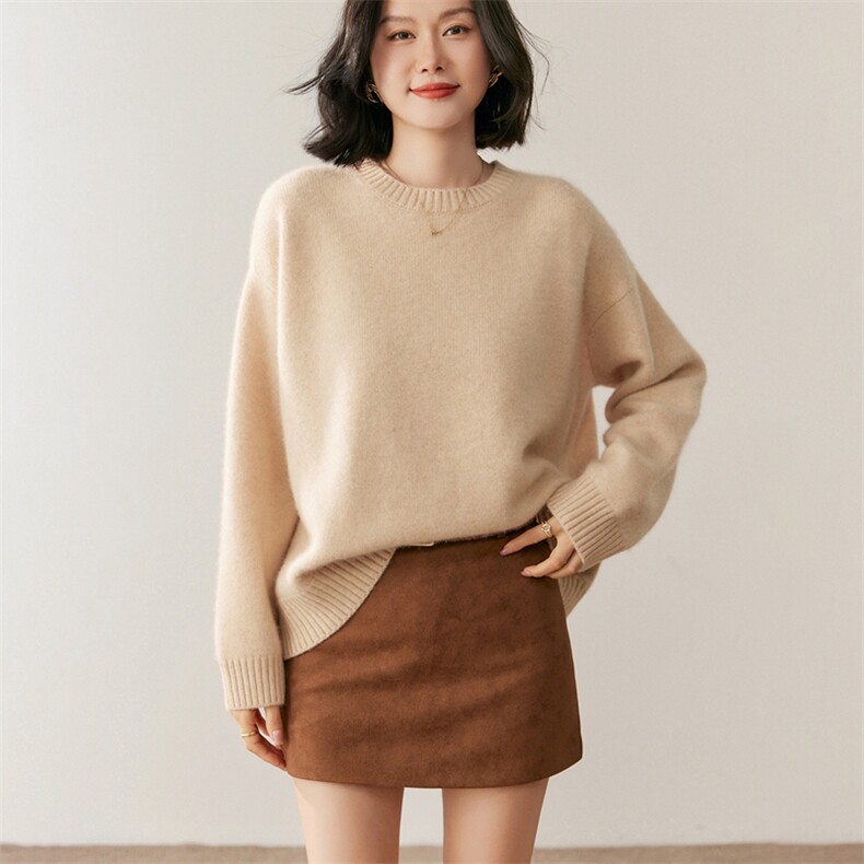 秋季新款圆领针织衫时尚休闲百搭，女装针织衫/毛衣，鸥蕊娅羊绒