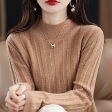 100羊毛半高领打底衫女秋冬保暖百搭显瘦针织纯色加厚内搭毛衣，女装针织衫/毛衣，唯若美羊绒