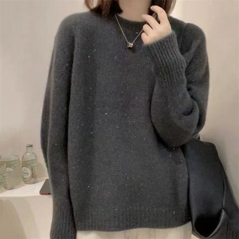 圆领亮闪羊绒毛衣女2025冬季法式宽松外穿亮丝针织衫羊毛打底上衣图片