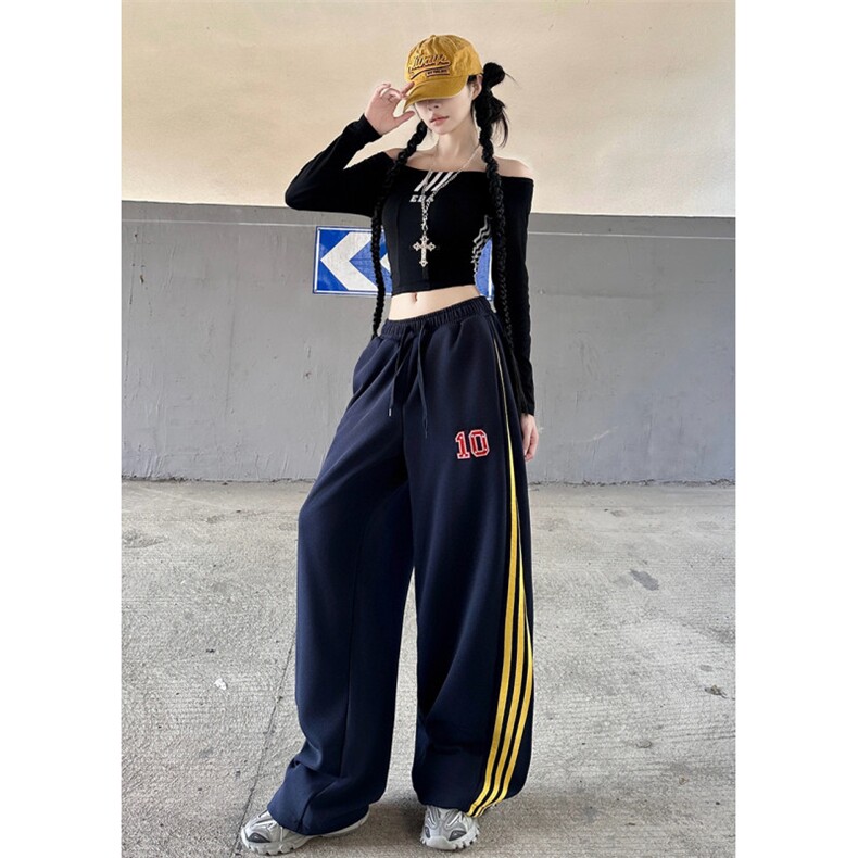 美式复古三条杠休闲裤女2025秋季新款高腰宽松显瘦百搭阔腿直筒裤,男装休闲裤,星座410-6（原星座1304-1）