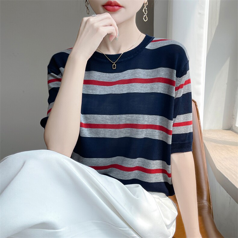 夏季新款天丝圆领条纹短袖女宽松百搭显瘦时尚休闲上衣,针织衫/毛衣,暖娇绒