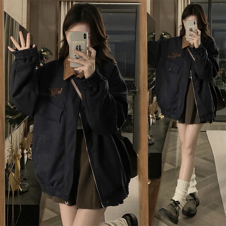 A325-P105 绣花棒球服外套复古街头宽松情侣拼接百搭夹克图片