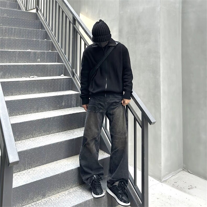 抖音得物保暖立领拉链针织外套秋冬宽松慵懒风纯色毛衣上衣AM02,男装针织衫/毛衣,电商A443