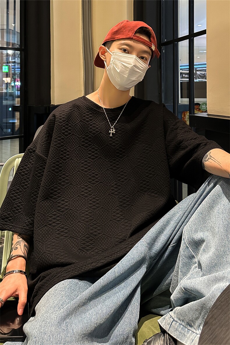 T8073/P30夏季港风宽松半袖潮短袖透气T恤男纯色提花上衣大码男,男装T恤,电商A141