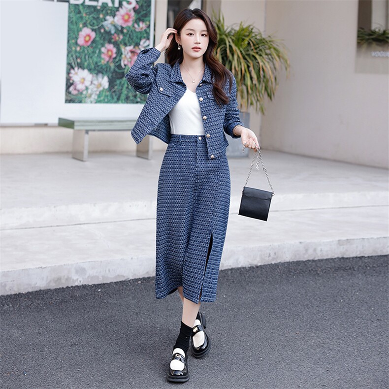 2023春装新品格子牛仔两件套韩版气质,女装套装/套裙,钱塘布衣