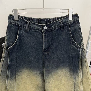 cleanfit复古蓝牛仔裤男潮牌拼接弯刀裤子美式高街宽松直筒工装裤图片