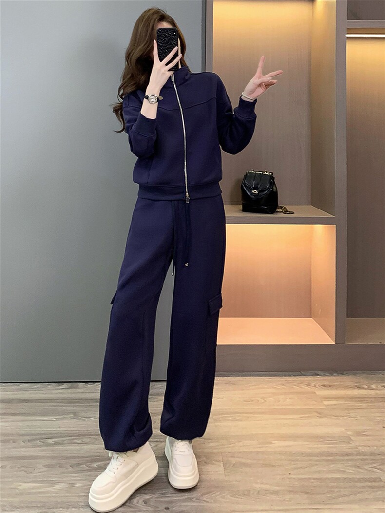 韩版休闲运动套装女春季新款高级感显瘦立领卫衣时尚阔腿裤两件套,女装套装/套裙,江南