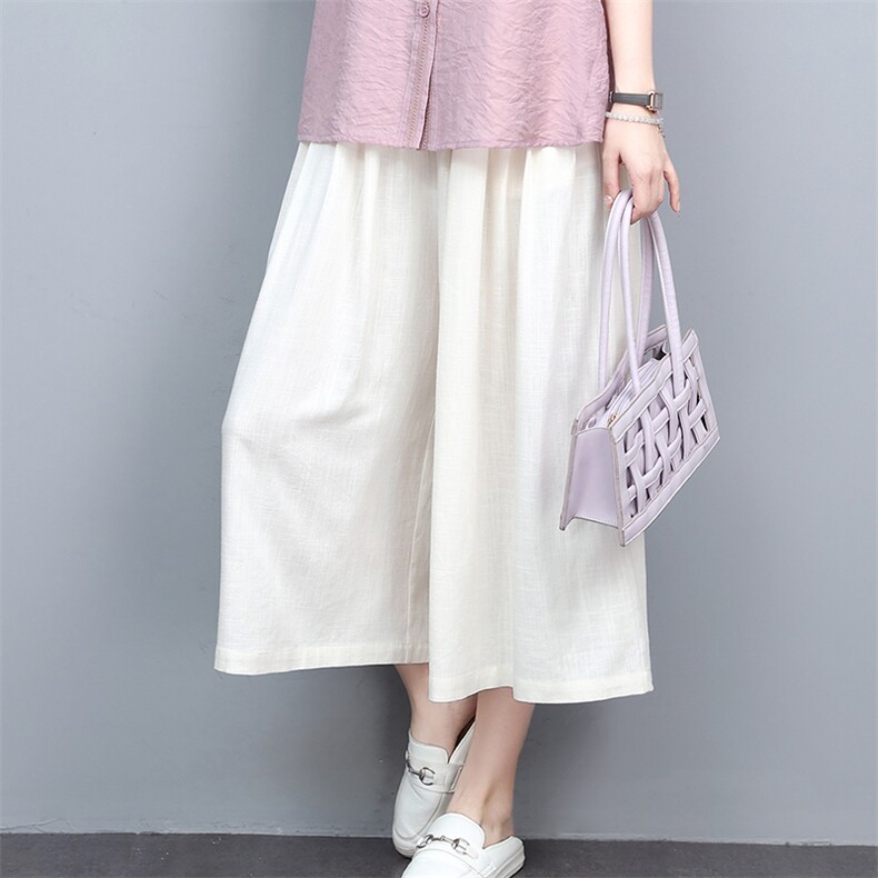 时尚裙裤女2022夏季新款七分裤百搭显瘦阔腿裤宽松薄款亚麻裤子,女装休闲裤,忆绮罗
