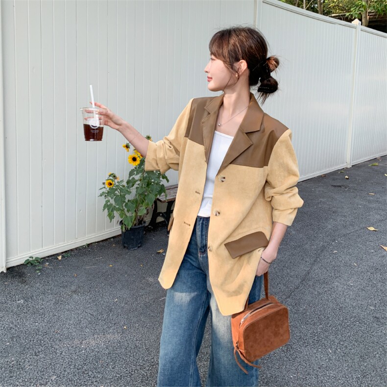 2026新款现货韩系复古撞色拼接休闲气质小西装P155K248,女装西装,2D146