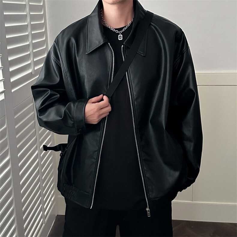 W639-P66痞帅Pu皮衣小众设计感潮牌双拉链垫肩皮夹克男机车服,男装皮衣,电商B323A