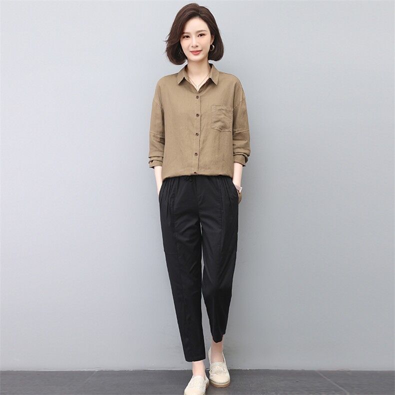 中年妈妈春季休闲亚麻长袖衬衫女2023新款两件套装,女装套装/套裙,忆绮罗