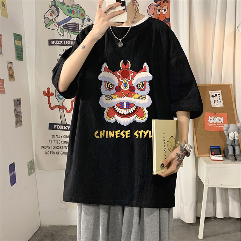 YT260185-P30亚麻短袖t恤男大码五分袖男宽松七分袖海报风,男装T恤,电商A040