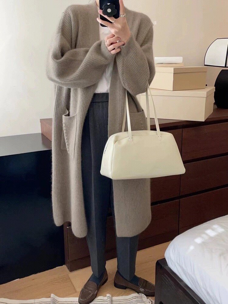 开衫女中长款V领秋冬慵懒软糯休闲宽松保暖针织衫,女装羊毛衫,恩泰羊绒
