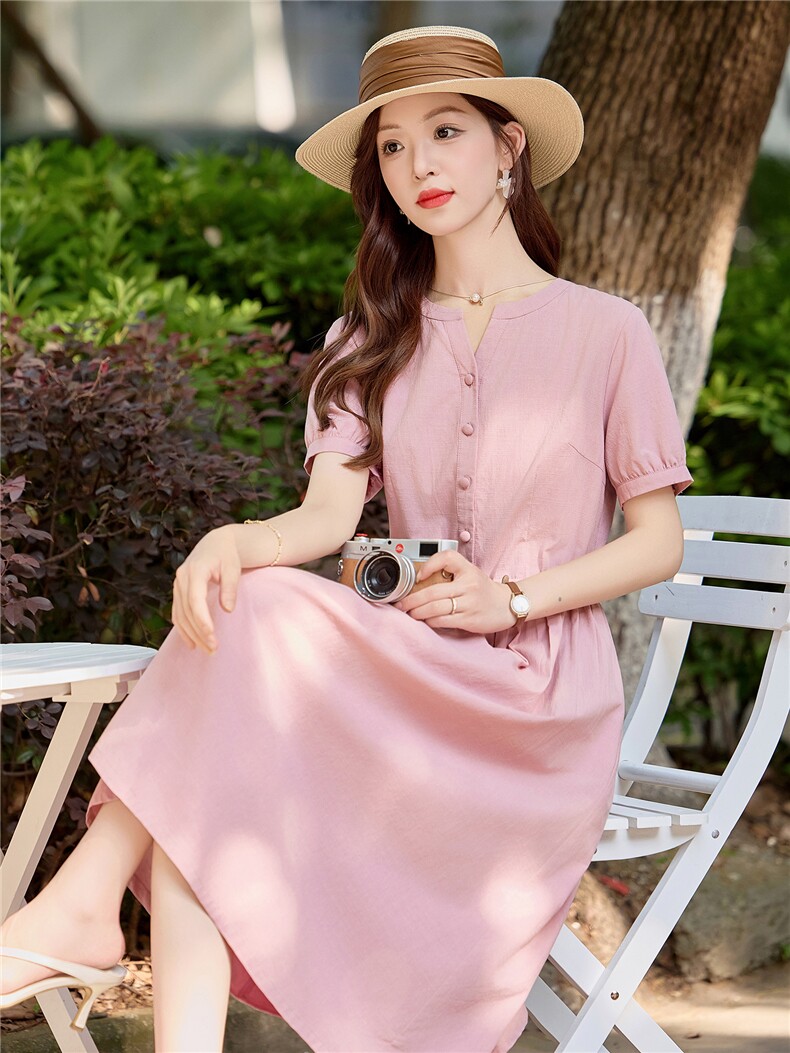 高档纯色气质棉麻连衣裙女2026夏季新款收腰显瘦舒适短袖薄款裙子,女装连衣裙,倪叶myz