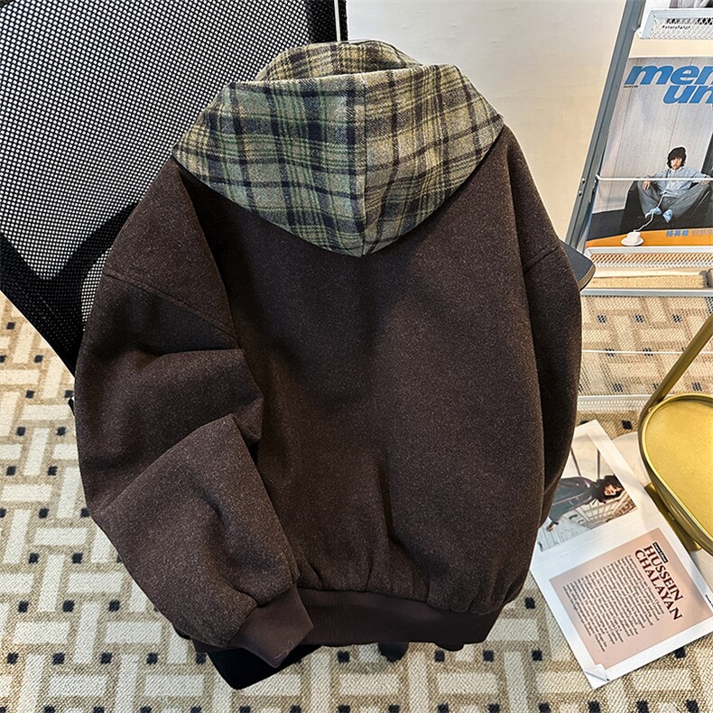 秋冬假两件格子连帽男女拉链上衣加厚夹棉外套JK08562-P93可拆帽,男装夹克,星座308B-1