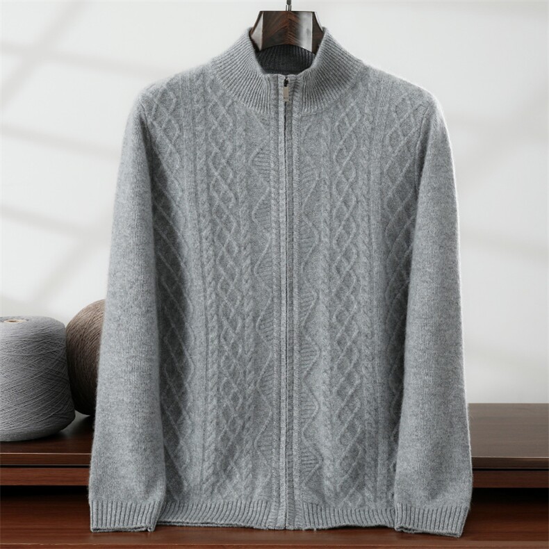 秋冬纯色针织开衫拉链时尚百搭，男装针织衫/毛衣，隆格羊绒