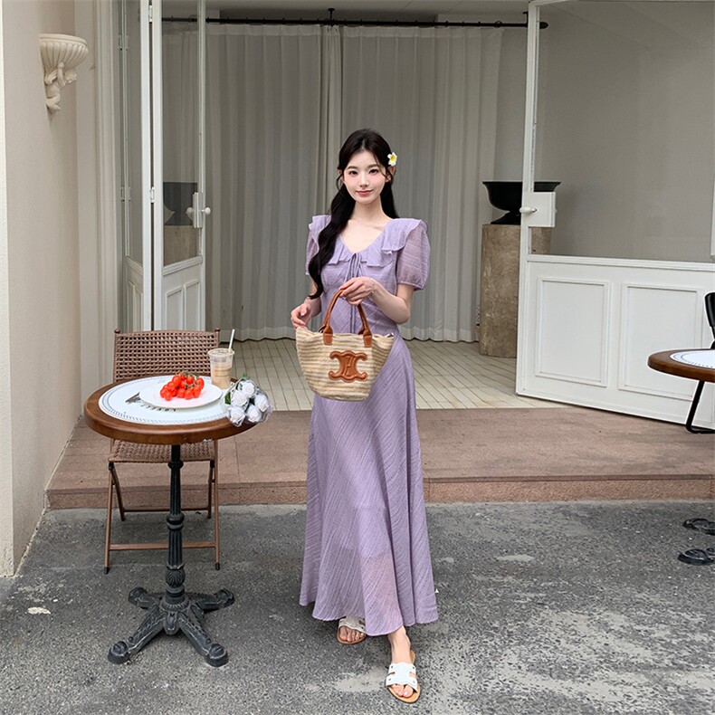 法式紫色荷叶边收腰连衣裙女夏2025新款气质温柔风爆款清纯系长裙,女装连衣裙,纯色衣恋