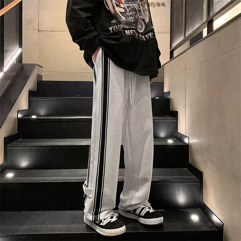 美式高街直筒运动裤子男设计感排扣阔腿裤条纹重工卫裤K3020P30,男装休闲裤,星座1116-2