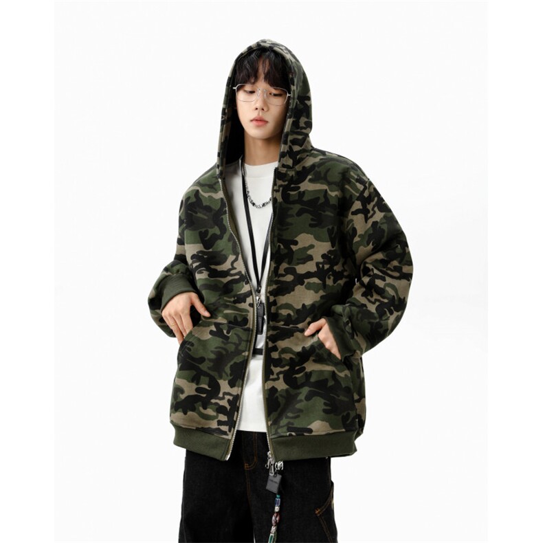 秋冬美式高街迷彩重磅400g双层华棉休闲开衫连帽卫衣外套WY07/P68,女装短外套,电商B318
