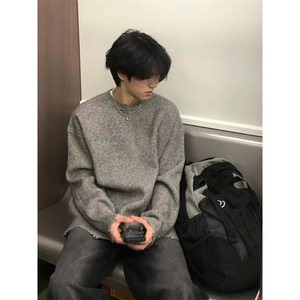 灰色破坏风毛衣男秋冬季潮牌痞帅慵懒内搭针织打底衫SWX5011图片