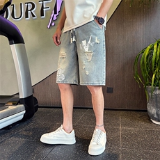 2025新款水洗牛仔短裤男士破洞印花休闲夏季五分裤男901N02P38，男装牛仔裤，星座901