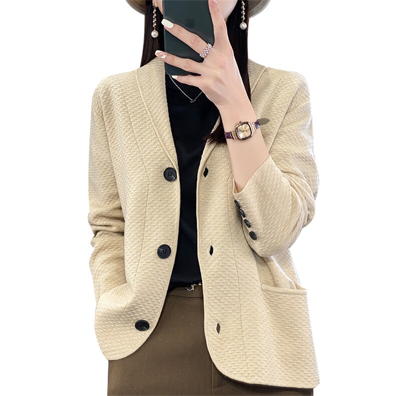 2025春新款针织开衫外套女西装领韩版宽松显瘦纯色,女装羊毛衫,暖烁羊绒