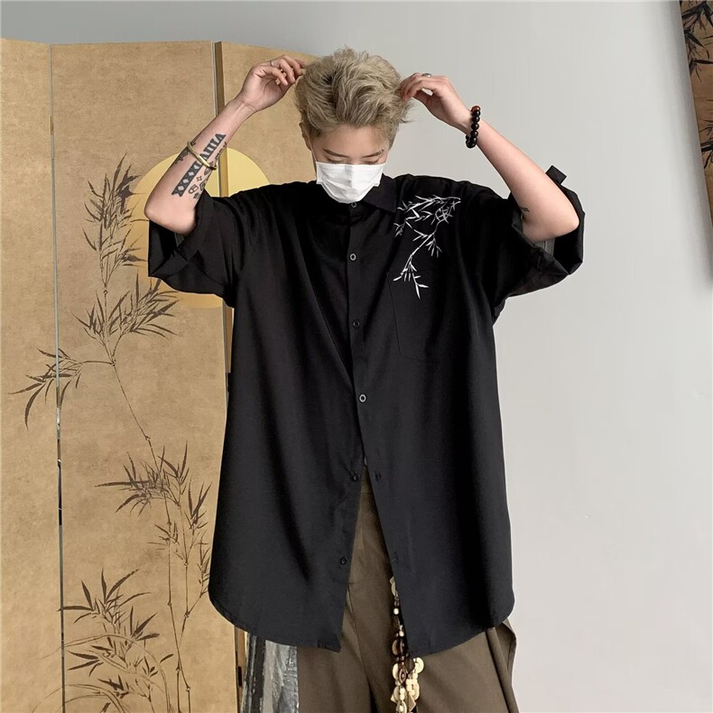 风复古刺绣竹子衬衫男短袖夏季潮牌冰丝七分袖新中式衬衣CS5205,男装T恤,星座208-5