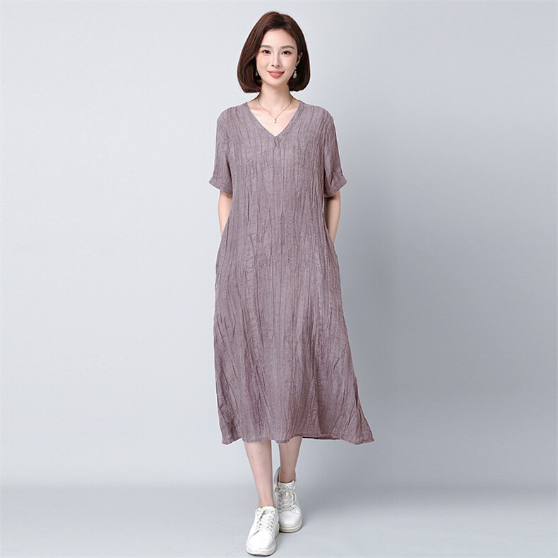 夏季新款苎麻连衣裙宽松V领显瘦长裙853,女装连衣裙,秋牧寒烟