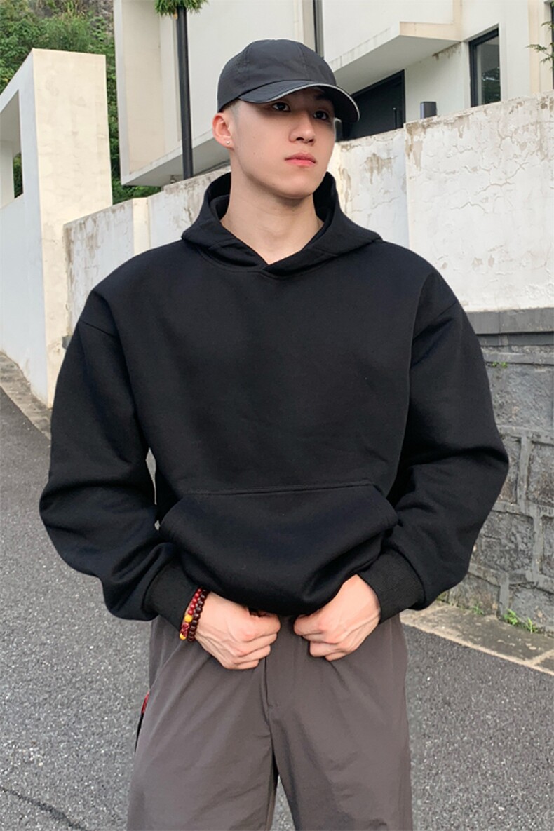 cleanfit黑色短款卫衣男款连帽美式高街帽衫重磅硬挺春秋纯色外套,男装卫衣,电商A022