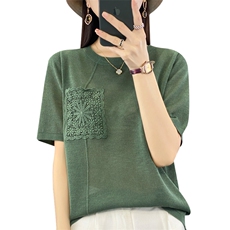 竹节棉t恤女夏季小衫宽松棉麻短袖针织衫女薄款遮肚显瘦刺绣上衣，女装针织衫/毛衣，大美人包芯纱店