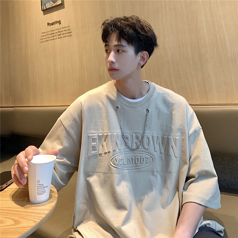 重磅260克港风字母钢印花项链点缀大码短袖T恤男DT77007P38控58图片
