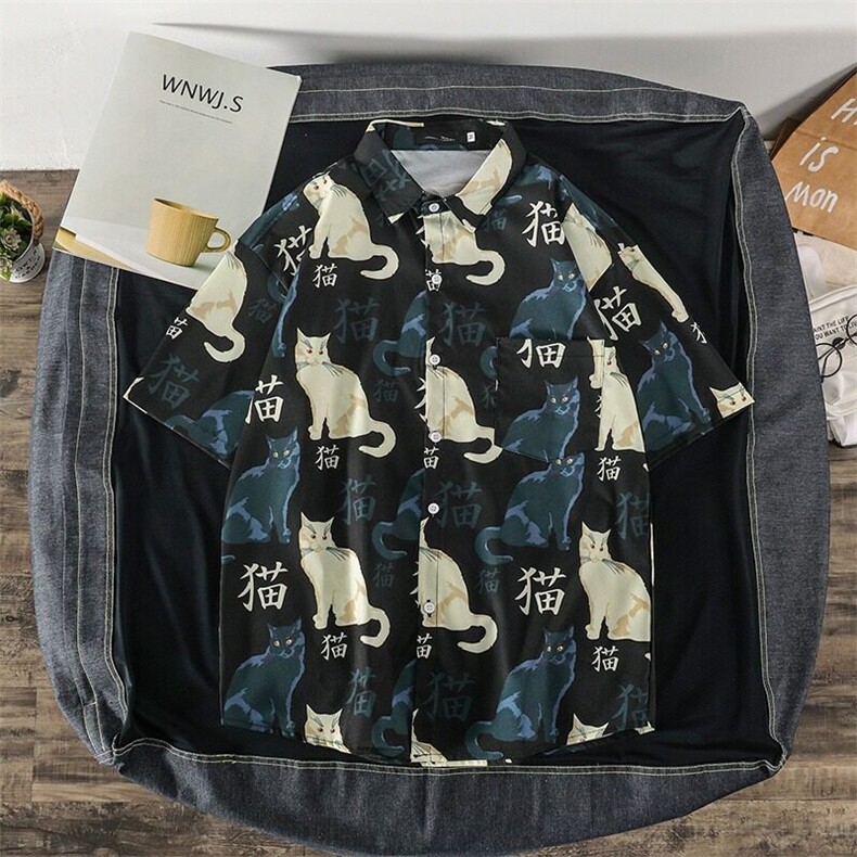 日系印花猫衬衫男夏季潮牌帅气宽松短袖衬衣青少年网红休闲薄外套,男装衬衫,星座506B