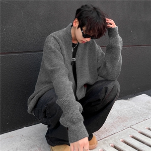 春秋新纯色简约双头拉链针织开衫男女同款宽松洋气显瘦毛衣外套图片