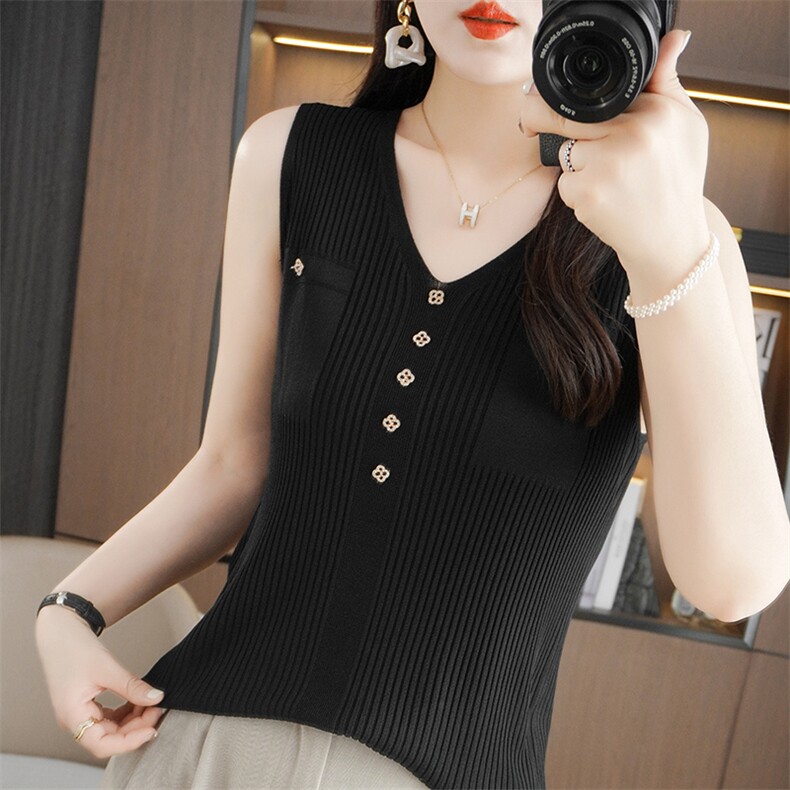 时尚百搭纯色五扣坑条马甲女款休闲舒适无袖针织背心外套，女装马甲，秋双羊绒