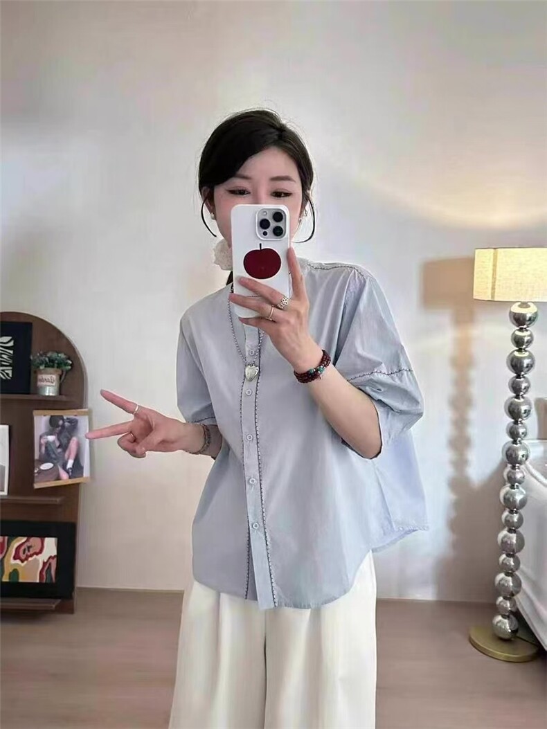 韩系简单纯色灯笼半袖明线衬衣,女装衬衫,雪兔电商全品类