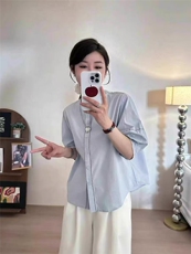 韩系简单纯色灯笼半袖明线衬衣，女装衬衫，雪兔电商全品类