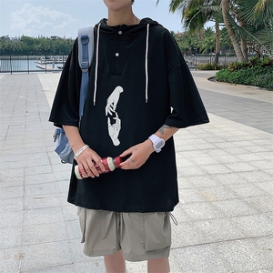 LD54147-P45 连帽短袖t恤男大码胖子带帽五分袖中袖图片