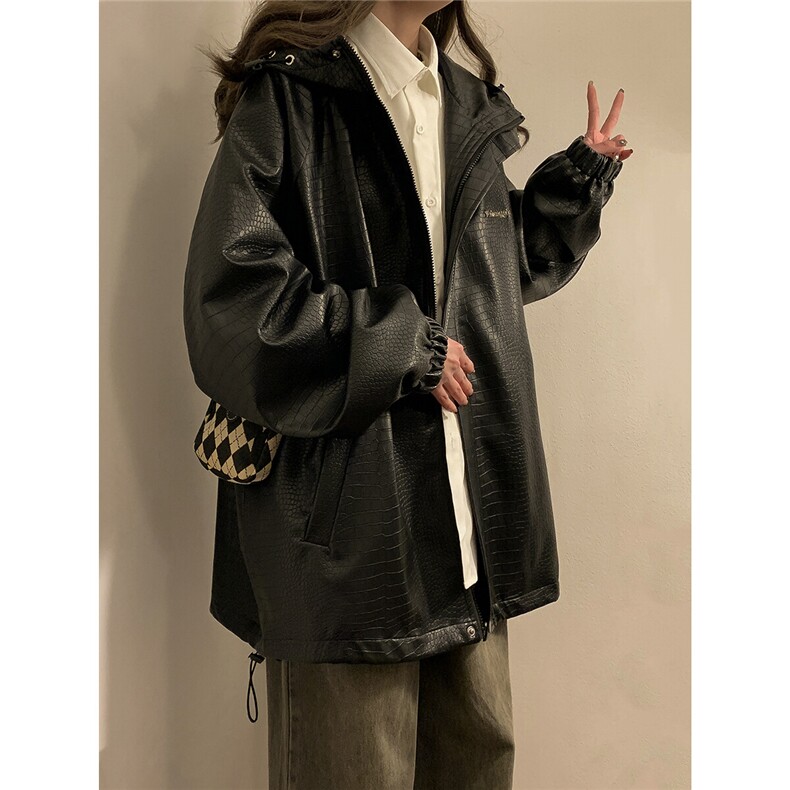 中性连帽鳄鱼纹PU皮衣大码情侣休闲冲锋衣夹克男JK8744P90控128,女装短外套,星座226-1