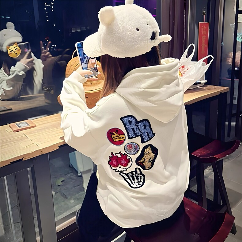 美式刺绣植绒徽章加绒连帽卫衣男女宽松加厚情侣高街上衣WY9022,男装卫衣,星座601-1