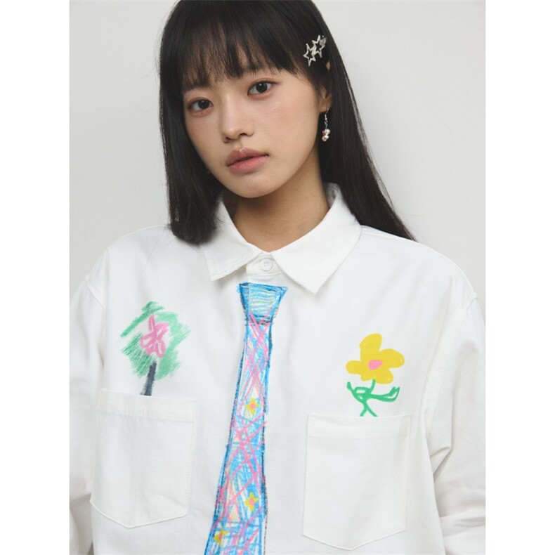 蜡笔手绘领带白衬衫男款春夏设计感学院风涂鸦dk衬衣潮CY1099-P46，男装衬衫，星座412-3