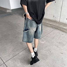 美式潮牌水洗做旧牛仔短裤宽松复古直筒大口袋百搭五分裤，男装牛仔裤，星座410-6（原星座1304-1）