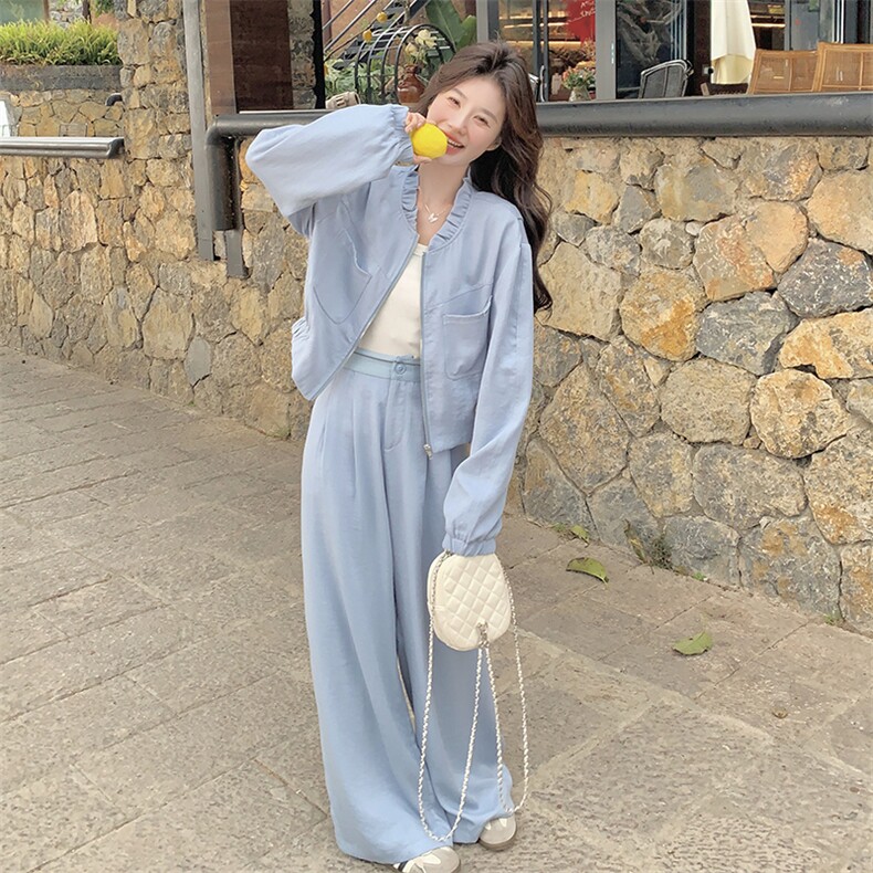 蓝色休闲套装女2025春季新款韩系甜美减龄木耳边外套阔腿裤两件套,女装套装/套裙,2C301