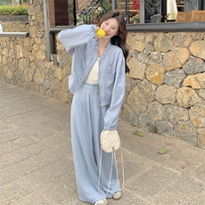 蓝色休闲套装女2025春季新款韩系甜美减龄木耳边外套阔腿裤两件套，女装套装/套裙，2C301